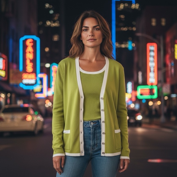 CHARTER CLUB Vintage Y2K Olive green white trim cardigan and tank top SZ L - Picture 4 of 16